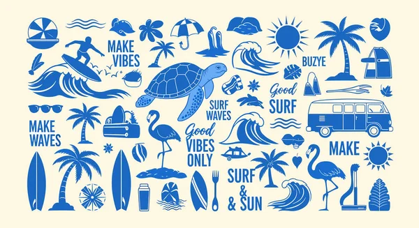 Palmiye ağaçlarının yer aldığı tropik bir plaj ikonu kolajı, tatil ve okyanus titreşimleri taşıyan güneş tekneleri ve sörf tahtaları sallıyor.