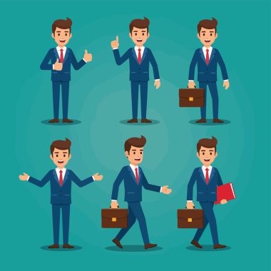 Karikatür işadamlarının farklı pozlarda toplanması, ayakta durmak, yürümek ve el çantalarını tutmak gibi,.