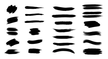 24 siyah fırça darbesi koleksiyonu, her biri eşsiz bir şekil, doku ve kenar, grafik tasarım veya sanatsal kompozisyonlar için idealdir..