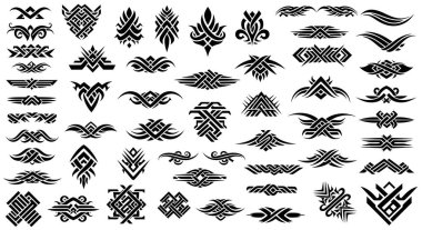 Kabile ve dekoratif tasarımların yer aldığı, grafik tasarım ve sanatsal projeler için mükemmel bir takım siyah vektör süslemeleri..