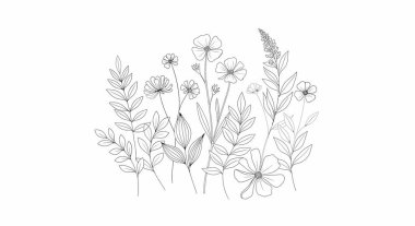 Çeşitli şekil ve boyutlara sahip, narin ve minimalist estetik bir botanik illüstrasyon oluşturan özet çiçek ve yapraklardan oluşan bir koleksiyon..