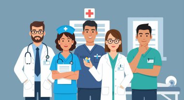 Beş sağlık uzmanından oluşan bir grup: önlüklü ve önlüklü doktorlar ve hemşireler, steteskoplu haplar, bir hastanede.