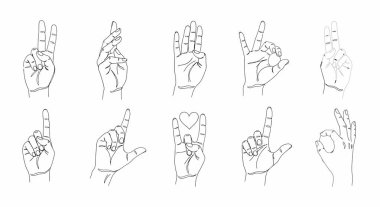 Barış işareti, aşk, bir numara ve diğer el işaretleri de dahil olmak üzere farklı jestler gösteren on el çizgisi çizimi..