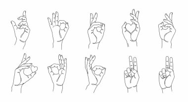 Çeşitli jestlerde on elin yer aldığı çizgi çizimi: Tamam işareti, kalp şekli, barış işareti ve işaret parmağı. Sürekli siyah çizgileri olan minimalist tasarım.