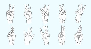 Çeşitli jestler sergileyen on çizgi sanatsal el yazısı: barış işaretleri, kalp şekilleri ve el işaretleri üzerinde kaya, hepsi minimalist, illüstrasyon tarzında..