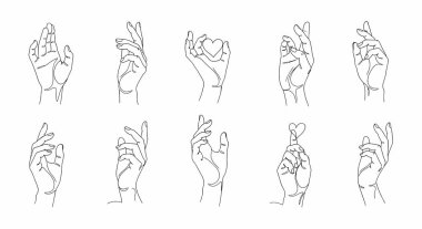 On satırlık sanat el çizimleri koleksiyonu, her biri benzersiz jestler sergiliyor ve minimalist, sürekli çizgi şeklinde yapılmış kalp sembolleri taşıyor..