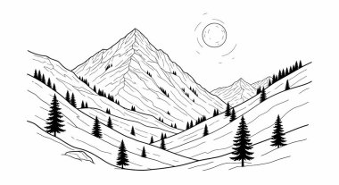 Yamaçları noktalayan çam ağaçları ve gökyüzünde stilize bir güneş olan bir dağ sırasının siyah ve beyaz çizimi.