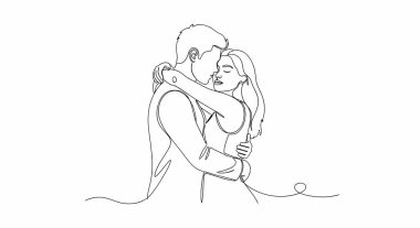 Kucaklaşan bir çiftin minimalist çizimi. Erkeğin kolları, sevgi dolu bir kucaklama ile gözlerini kapatan kadına sarılır..