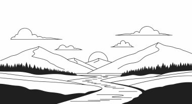 Dönek bir nehir, çam ağaçları ve tepelerin ardında batan güneşin olduğu bir dağ manzarasının minimalist çizgisi..