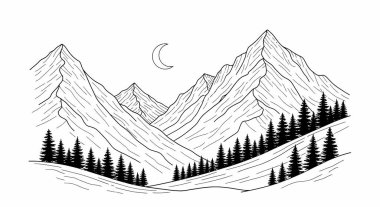 Her zaman yeşil olan bir dağ sırasının siyah ve beyaz çizimi ve tepelerin üzerinde hilal şeklinde bir ay..