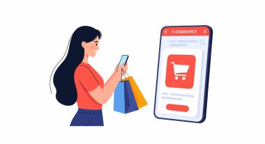 Alışveriş çantalı kadın e-ticaret uygulaması arayüzü olan bir akıllı telefon kullanıyor ve içinde bir alışveriş arabası simgesi var..