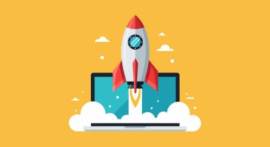 Kırmızı yüzgeçli çizgi film stili roket ve beyaz bulutlu bir dizüstü bilgisayardan fırlatılan burun ve sarı alev izi..