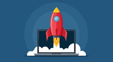 Kırmızı roketin çizgi film çizimi, sarı burunlu bir roket, beyaz dumanlı bir laptoptan fırlatılıyor..