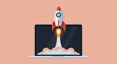 Kırmızı yüzgeçli ve pencereli bir roket dizüstü bilgisayardan fırlatılıyor, arkasında ateşten bir iz ve duman bulutu bırakıyor..