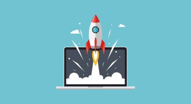 Kırmızı yüzgeçli ve burunlu çizgi film stili roket, dumanlı, bulutlu ve yıldızlı bir laptop ekranından fırlatılıyor..