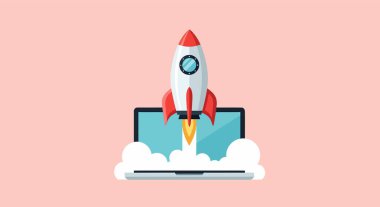 Kırmızı aksanlı bir çizgi film roketi, yanında beyaz duman ve parlak sarı bir alev bulunan bir dizüstü bilgisayardan fırlatılıyor..