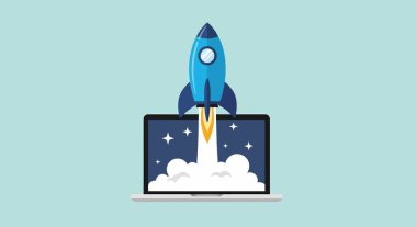 Bir dizüstü bilgisayardan mavi roket fırlatılıyor, arka planda yıldızlar var ve beyaz duman çıkıyor..