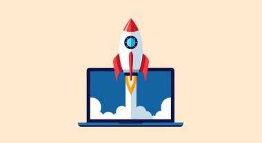 Kırmızı yüzgeçli ve burunlu bir roket mavi bir dizüstü bilgisayardan fırlatılıyor, duman ve alev yayıyor..