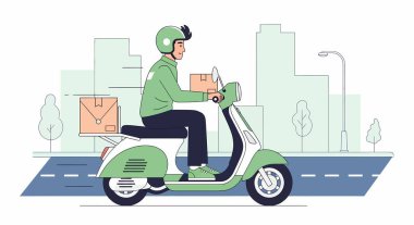 Kasklı ve yeşil tişörtlü bir teslimatçı şık bir şehir ortamında yeşil ve beyaz bir scooter kullanıyor..