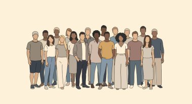 Çeşitli bir grup insan bir arada duruyor. Resimde nötr renk paleti ve basit bir çizgi çalışması yer alıyor.