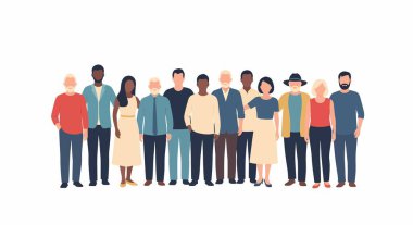 Değişik yaş ve etnik kökenlere sahip 11 kişilik bir grup, gündelik giysiler giyip, aynı sırada ayakta duruyorlar..