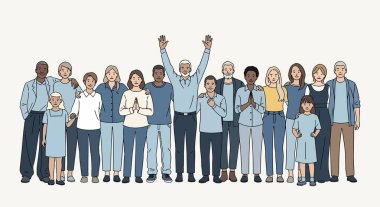 Çeşitli bir grup insan omuz omuza, bazıları birbirine sarılmış, bir adam kutlama için kollarını kaldırıyor..