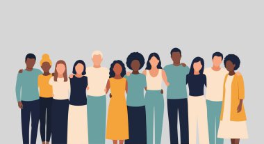 Birbirlerine sarılmış bir grup insan bir arada duruyorlar. Farklı renkte kıyafetler giyiyorlar..