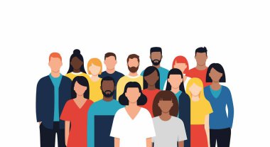 Çeşitli ten renkleri, saç şekilleri ve kıyafet renkleri olan bir grup insan bir arada duruyorlar. Grup öne bakıyor..