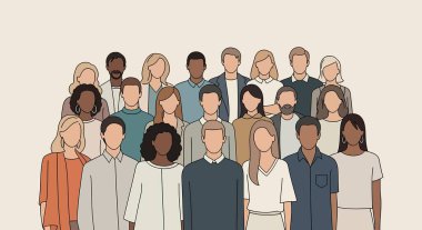 Farklı ten renkleri ve saç renkleri olan, modern profesyonel giysiler giyen, farklı stilize olmuş bir grup insan kalabalığın içinde....