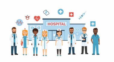 Bir hastane binasının önünde duran çeşitli doktor ve hemşirelerden oluşan karikatür çizimleri..