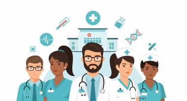 Doktor ve hemşirelerden oluşan çeşitli bir ekip stetoskop takıyor, tıbbi ikonlar takıyor ve arka planda hastane binası var..