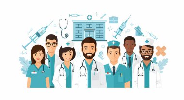 Etraflarında şırıngalar, hastane binaları ve sargı bezleri olan stetoskop takan çeşitli doktor ve hemşireler..