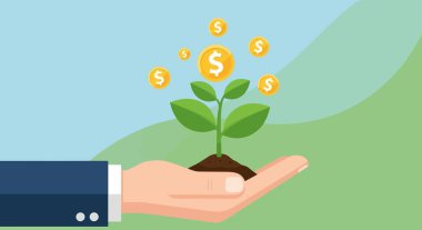 Takım elbiseli bir el toprakta filiz tutar, üzerinde dolar paraları yüzer, yatırımı, finansal büyümeyi ve refahı simgeler..