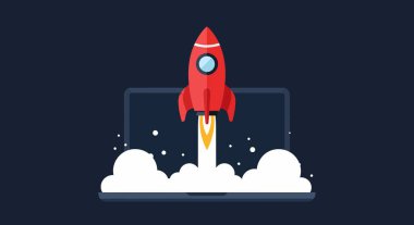 Beyaz çizgili ve yuvarlak pencereli kırmızı bir roket, altında beyaz bulutlar ve sarı alevler olan bir laptoptan fırlatılıyor..