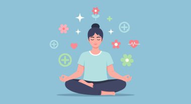 Lotus pozisyonunda bir kadın meditasyon yapıyor. Çiçekler, yıldızlar, kalp atışı çizgisi olan kalp ve sağlık ve refahı temsil eden işaret sembolleriyle çevrili..