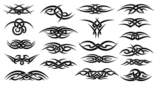 Yirmi cesur siyah kabile dövmesi dizaynı. Her tasarım simetrik desenler, akan çizgiler ve keskin noktalar içerir..