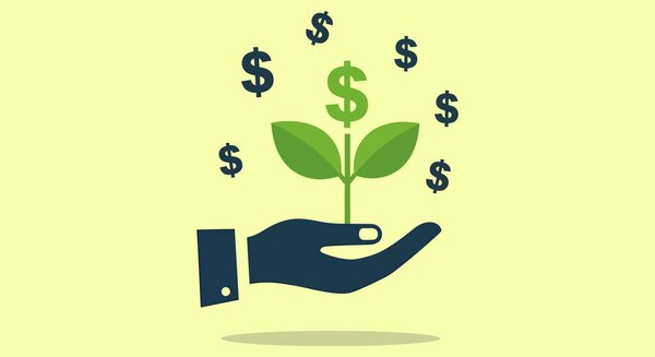 A dark blue hand holds a green plant with dollar sign leaves. Dollar signs float around the plant.
