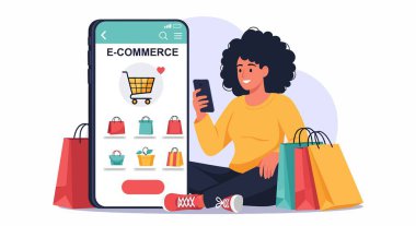 Kıvırcık saçlı gülümseyen bir kadın e-ticaret için akıllı telefon kullanıyor..