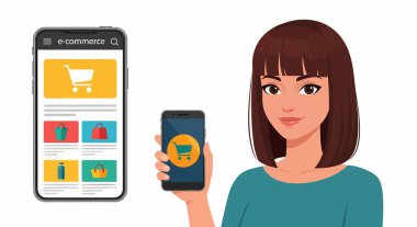 Gülümseyen bir kadın elinde alışveriş arabası ikonunu gösteren bir akıllı telefon tutuyor. Başka bir telefon çeşitli ürün kategorilerine sahip bir e-ticaret uygulaması gösteriyor.