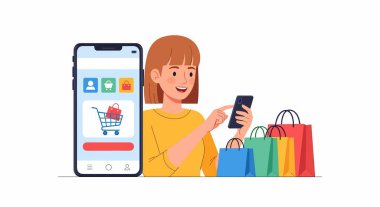 Sarı tişörtlü gülümseyen bir kadın yanında renkli alışveriş torbalarıyla online alışveriş için akıllı telefon kullanıyor..