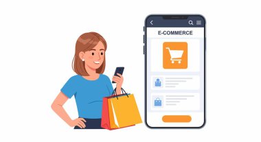 Elinde alışveriş poşetleri ve akıllı bir telefonla alışveriş arabası ikonu ile e-ticaret uygulaması arayüzü gösteren gülümseyen bir kadın..