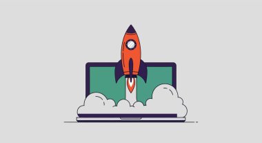 Beyaz aksanlı turuncu bir roket dizüstü bilgisayardan fırlatılıyor ve buhar bulutları yayıyor. Laptop ekranı koyu mor çerçeveli yeşil.