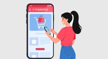 Bir kadın, bir alışveriş arabası ve ürün listeleriyle e-ticaret arayüzü gösteren akıllı bir telefonla etkileşime giriyor..