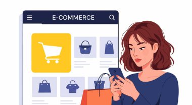 Kumral saçlı bir kadın internetten alışveriş yapmak için akıllı telefonunu kullanıyor ve yakınlardaki bir tablette e-ticaret mağazası var..