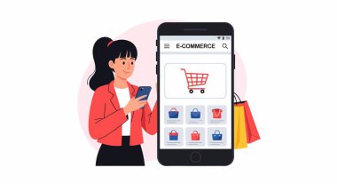 Kırmızı ceketli bir kadın online alışveriş için akıllı telefon kullanıyor. Telefon, alışveriş arabası ve torba ikonlarının olduğu bir e-ticaret uygulaması gösteriyor..