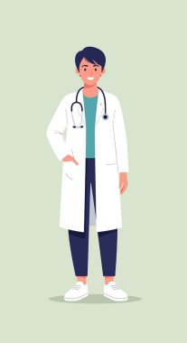 Beyaz önlüklü, steteskop takan gülümseyen bir doktorun tam boy görüntüsü. Tişört, siyah pantolon ve beyaz ayakkabılar. Bir elleri cebinde..