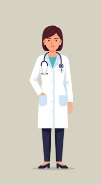 Kısa kahverengi saçlı, beyaz önlüklü, mavi pantolonlu ve siyah topuklu, boynunda steteskop olan kadın bir doktorun tam boy görüntüsü..