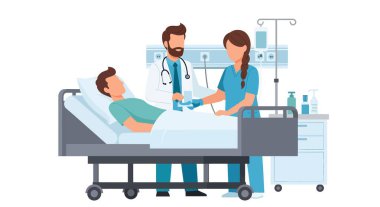 Bir doktor ve hemşire hastane yatağında yatan bir hastayla ilgileniyorlar. Hasta serum damlasına bağlı. Tıbbi bakım sağlanıyor..