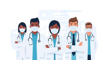 Beyaz önlüklü, steteskoplu ve yüz maskeli beş doktor tıbbi bir ortamda kollarını kavuşturarak ayakta duruyorlar..