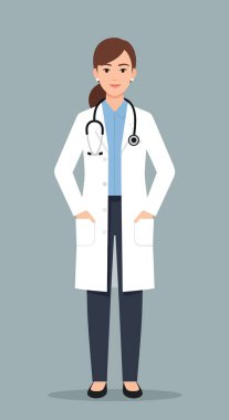 Üzerinde laboratuvar önlüğü, mavi gömlek, siyah pantolon ve steteskoplu siyah ayakkabılar olan kahverengi saçlı bir kadın doktor..